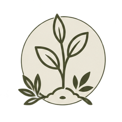Decorative plate with a simple line drawing of a plant with four leaves, set on a stand with two small leaves at the base.