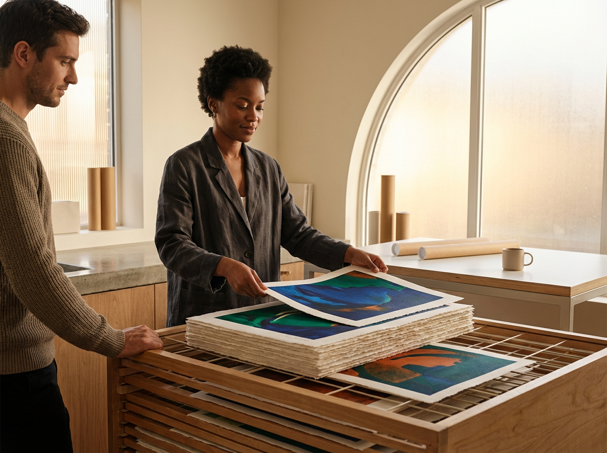 A woman and a man looking at large colorful printouts or artworks in a well-lit studio or gallery with neutral-colored walls and a large arched window.
