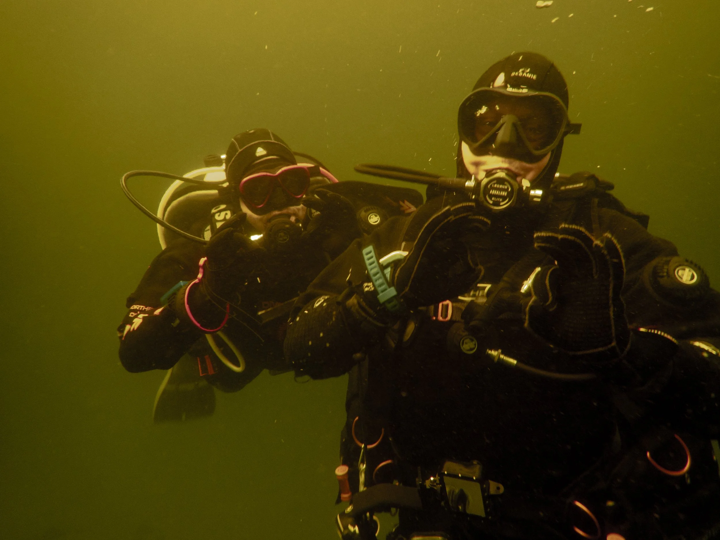 Two scuba divers underwater, wearing black wetsuits and masks, with yellowish-green water surrounding them.