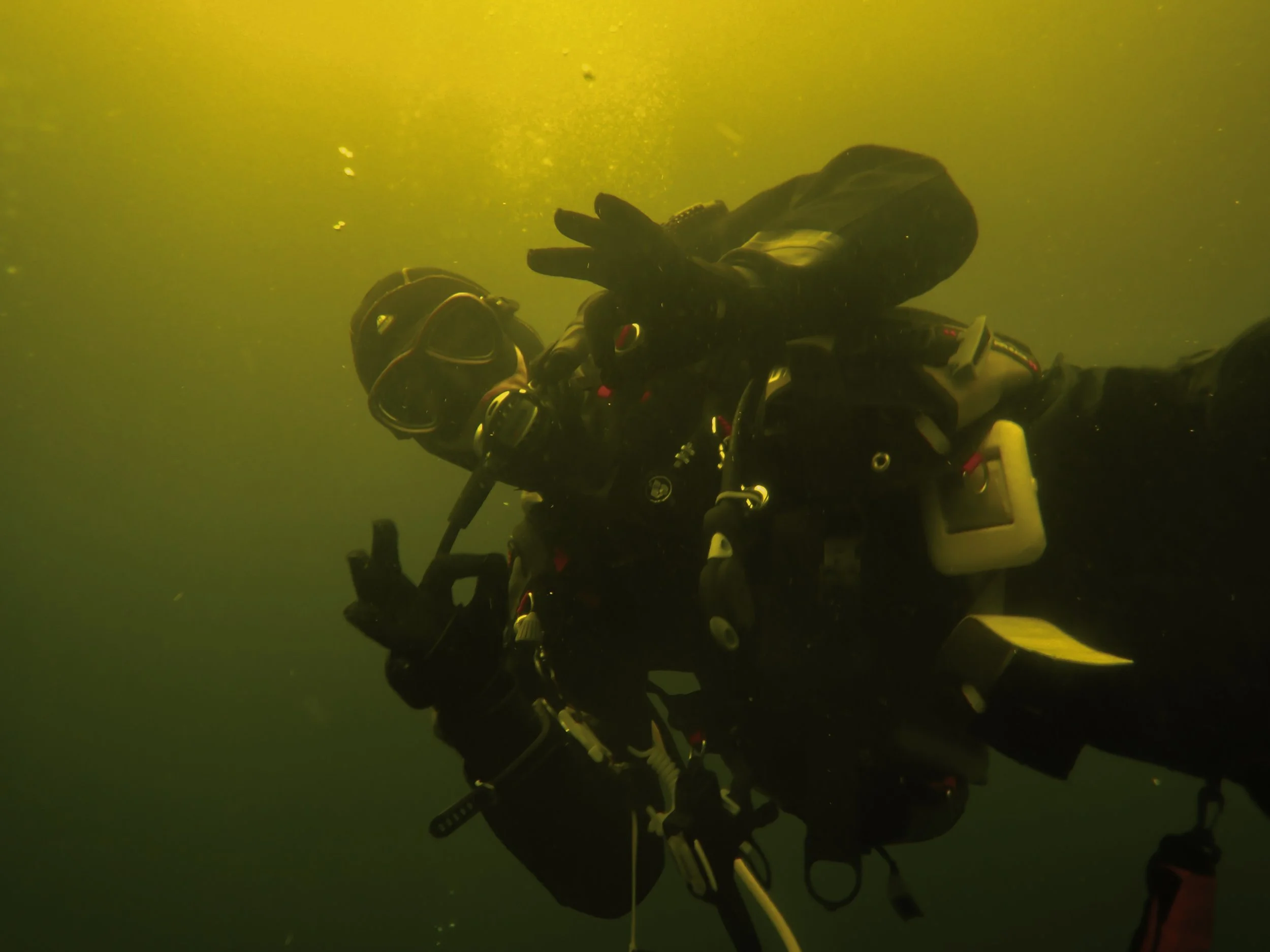 A diver underwater in a yellowish-green environment, wearing a black diving suit, mask, and gloves, holding onto scuba equipment.
