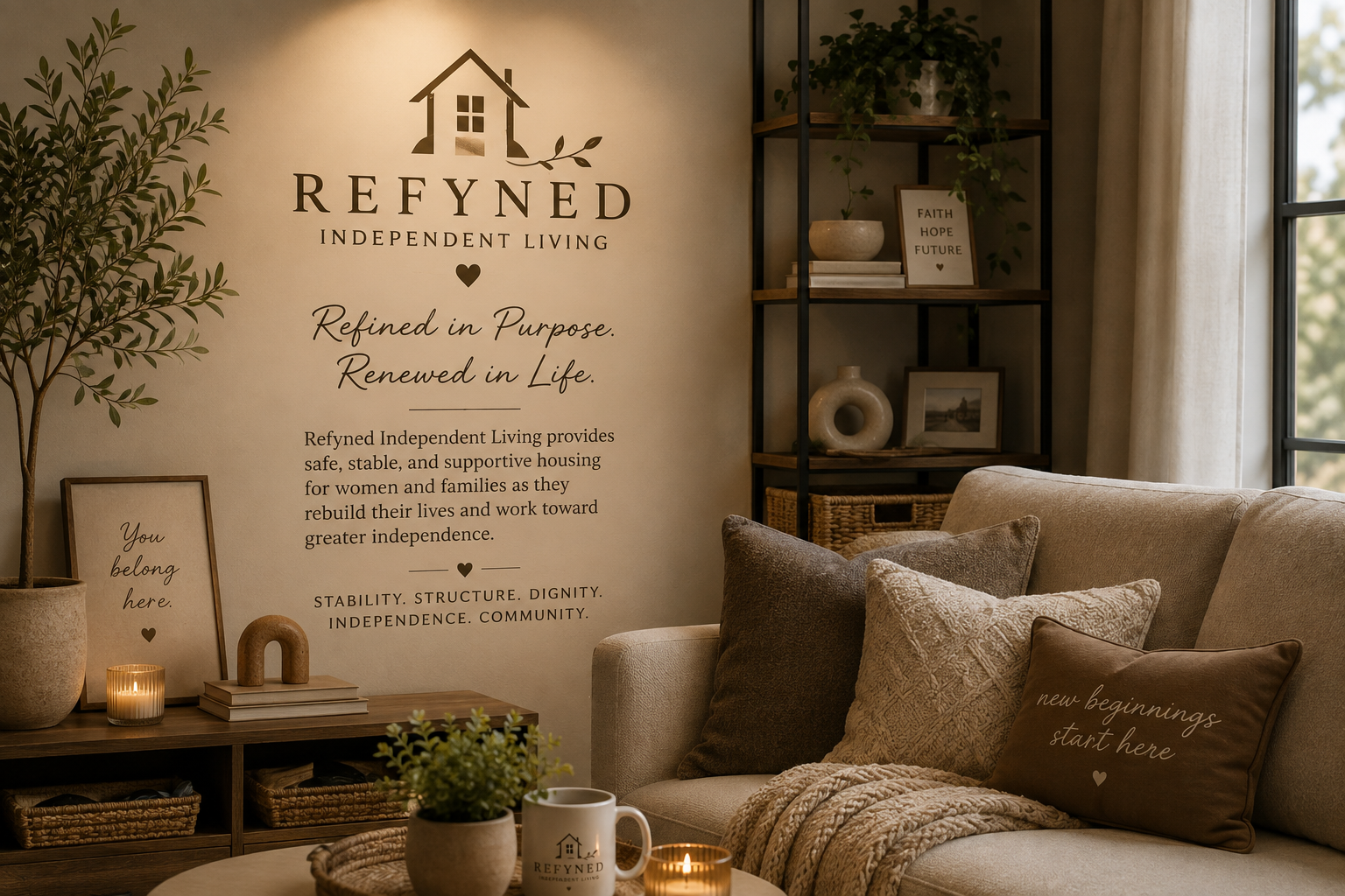 Interior of a cozy living room with a beige sofa, throw pillows, a wooden coffee table with a plant and mug, a bookshelf with decorative items, and a wall displaying a logo and text for Refined Independent Living.
