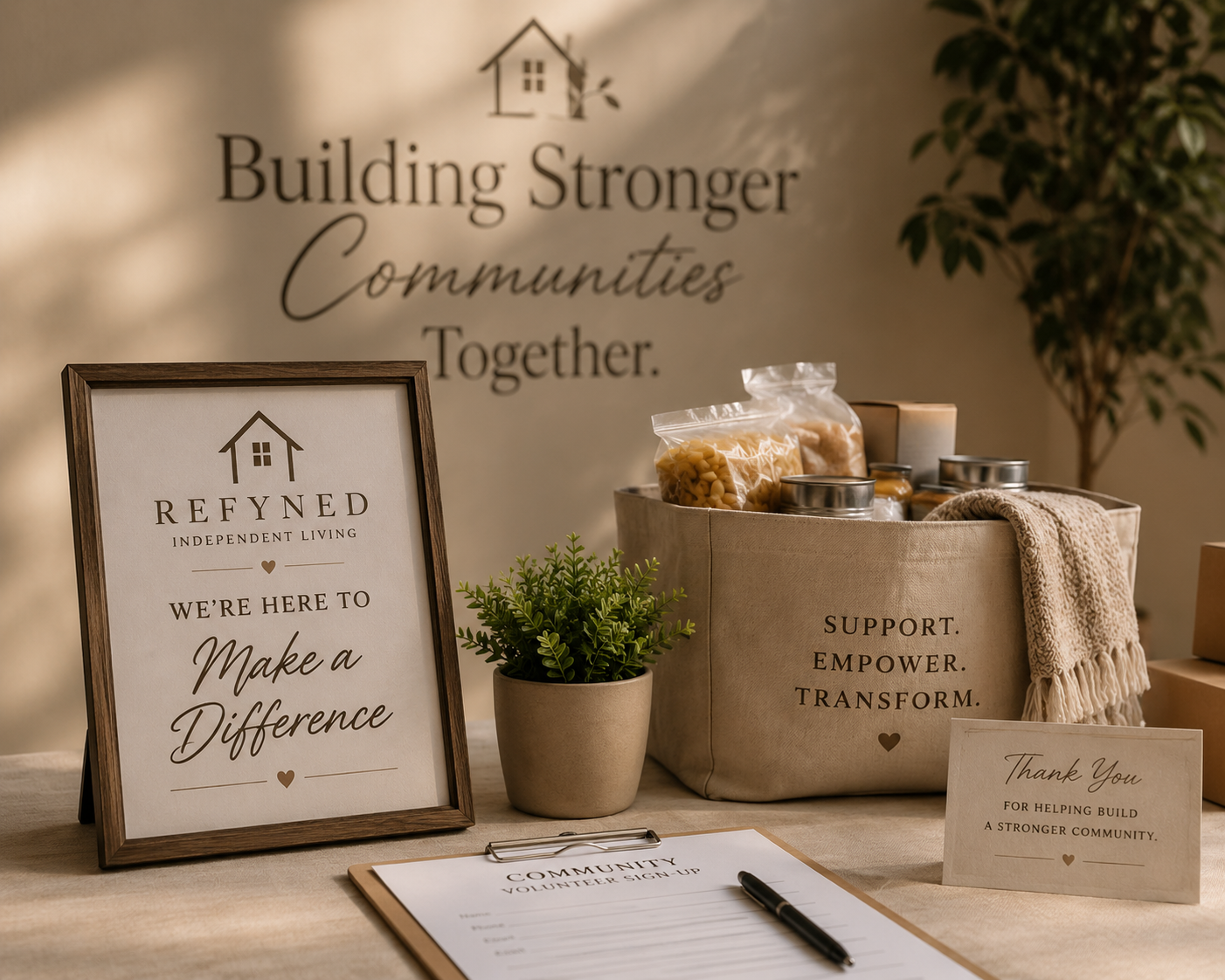 A table with a volunteer sign-up clipboard, a thank you note, a framed sign, a potted plant, and a fabric bag containing canned goods and food items. The background features a mural with a house icon and the phrase 'Building Stronger Communities Together.'