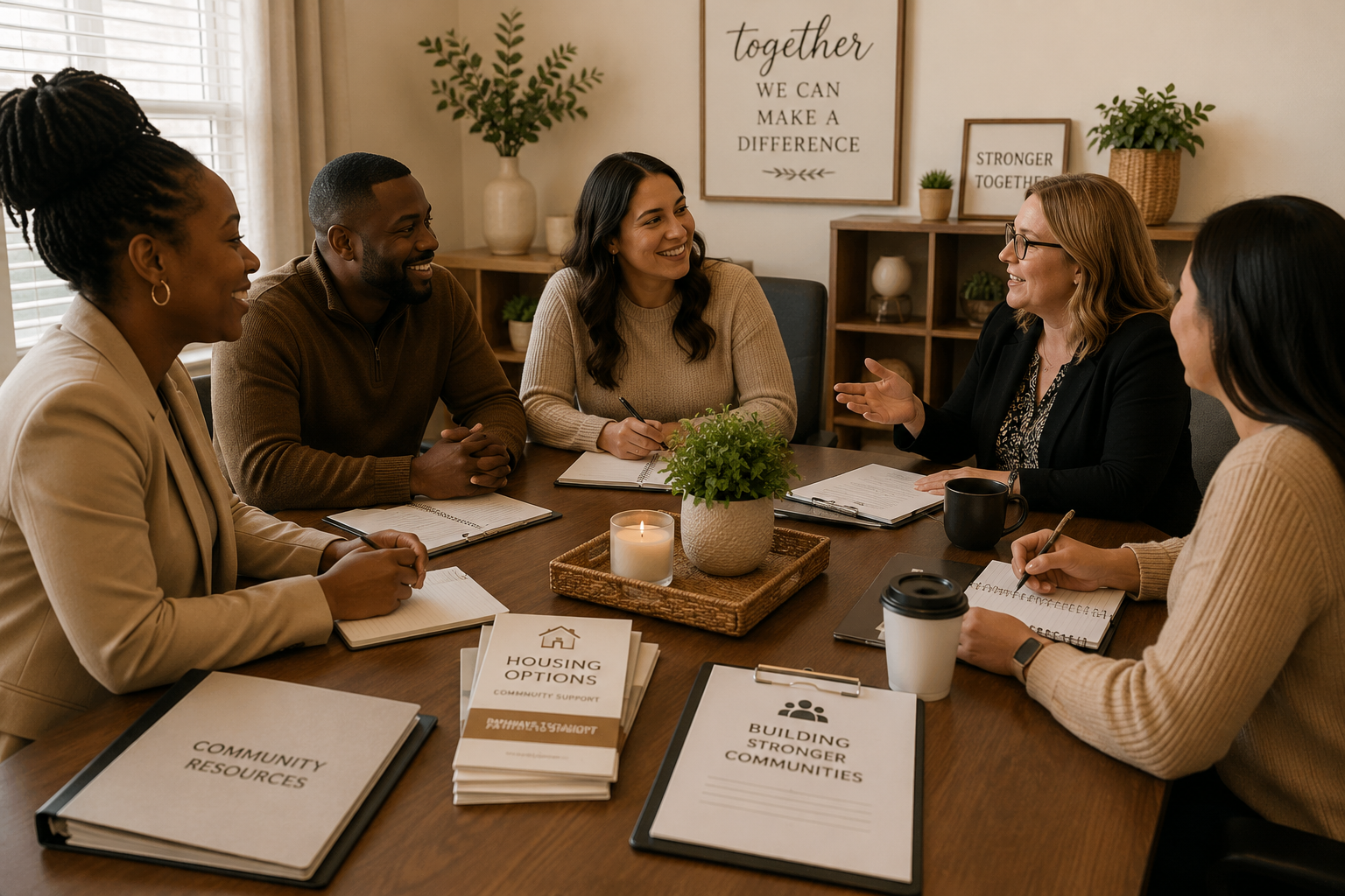 A diverse group of five women sitting around a wooden table engaged in a discussion, with notebooks, documents, and cups on the table, in a well-lit office with decorative plants and inspirational signs on the wall.
