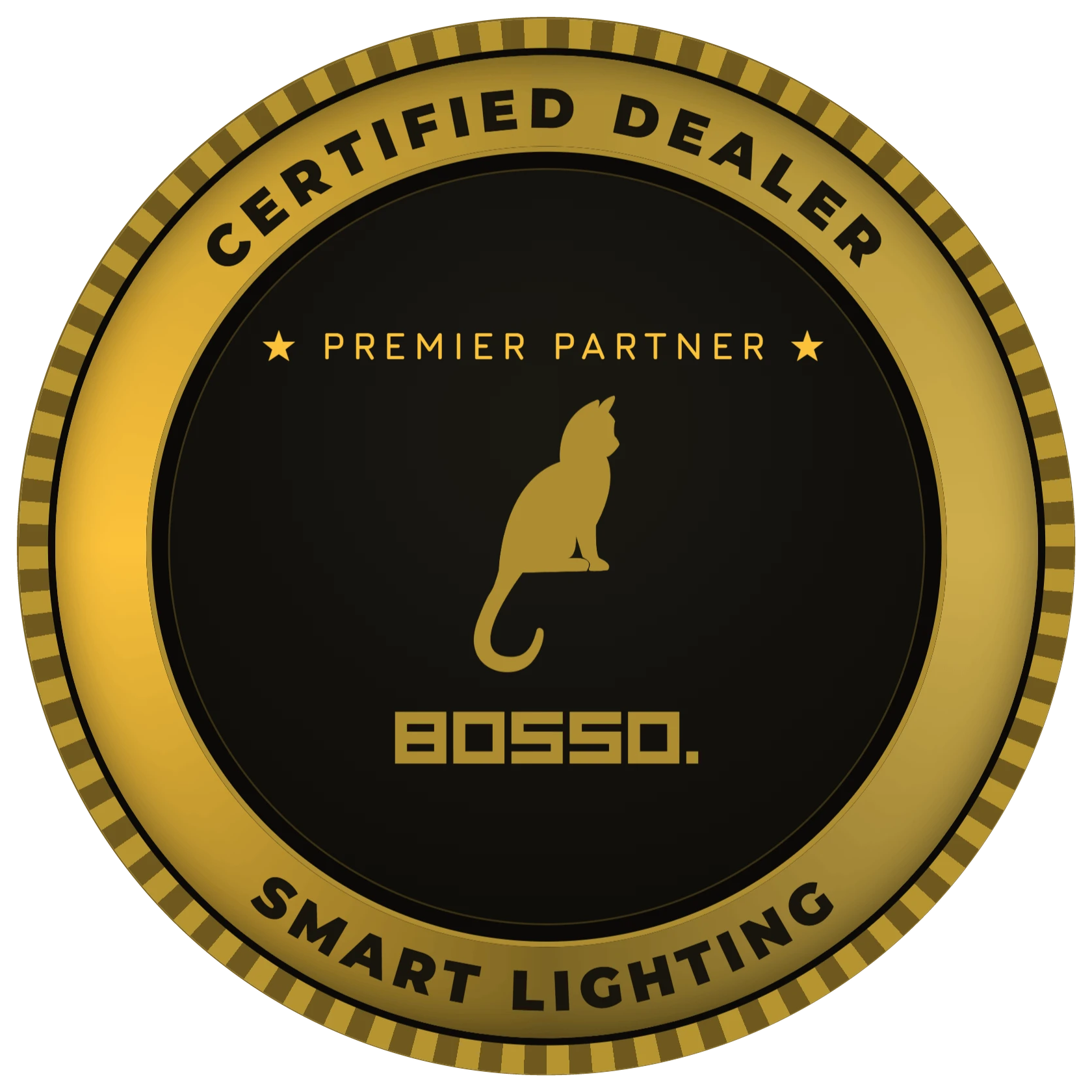 Gold and black badge with the text 'CERTIFIED DEALER' around the top, 'SMART LIGHTING' around the bottom, and 'BOSSO' in the center with a silhouette of a lion.