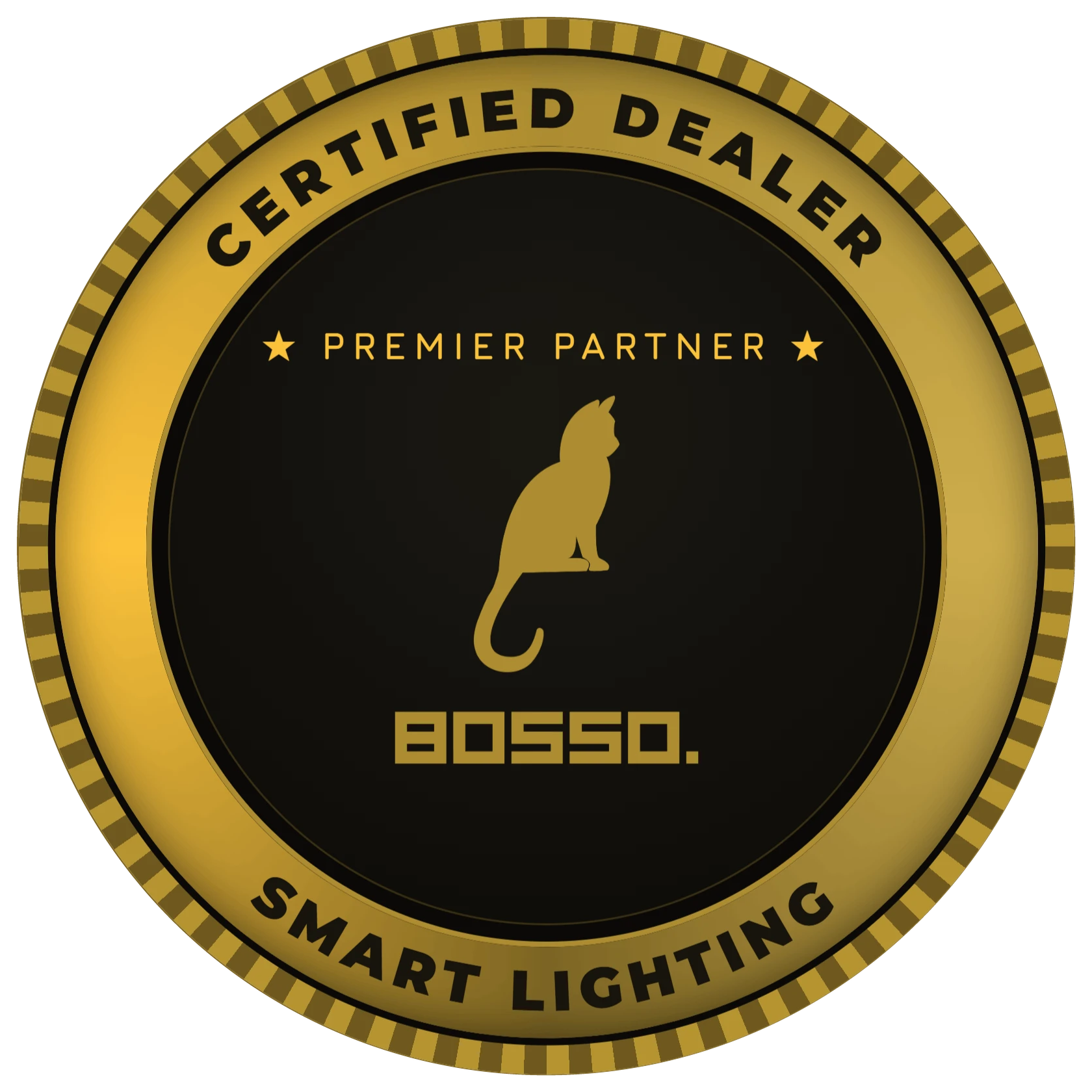 A gold circular badge with black text and a black cat logo in the center. The text includes 'Certified Dealer' at the top, 'Premier Partner' with stars on each side, and 'BOSSO' at the bottom. Around the edge, the badge reads 'Smart Lighting' and 'Smart'.