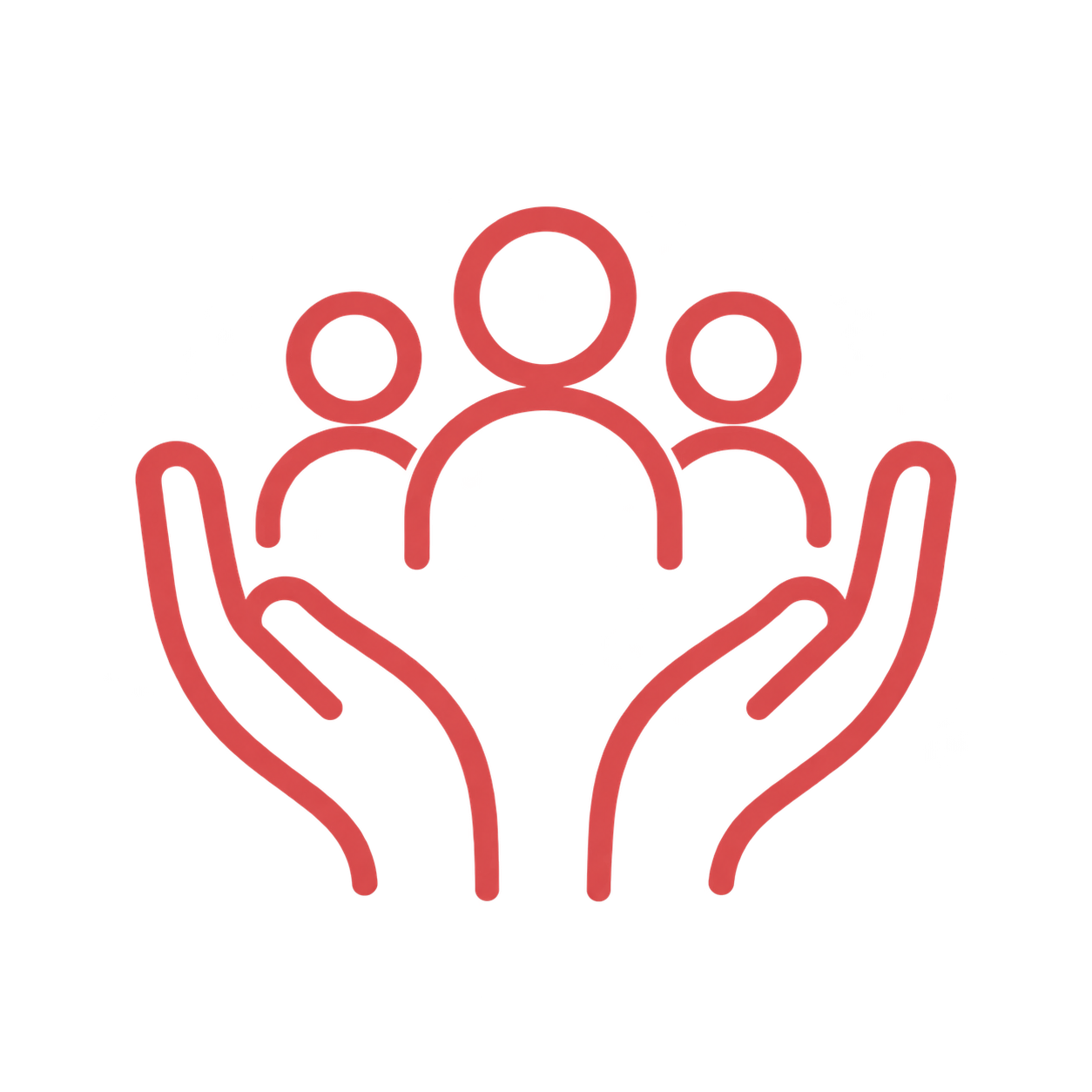 Coral line icon of three people supported by two hands, representing nonprofit organizations