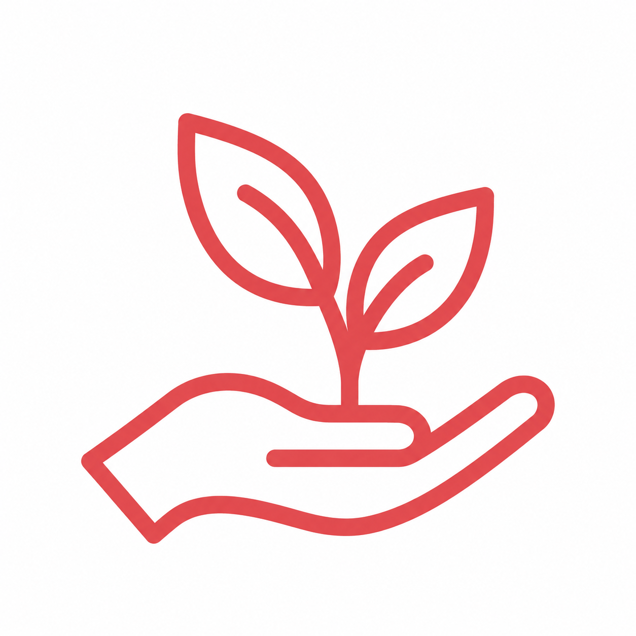 Coral line icon of a hand holding a growing plant, representing foundations and philanthropy