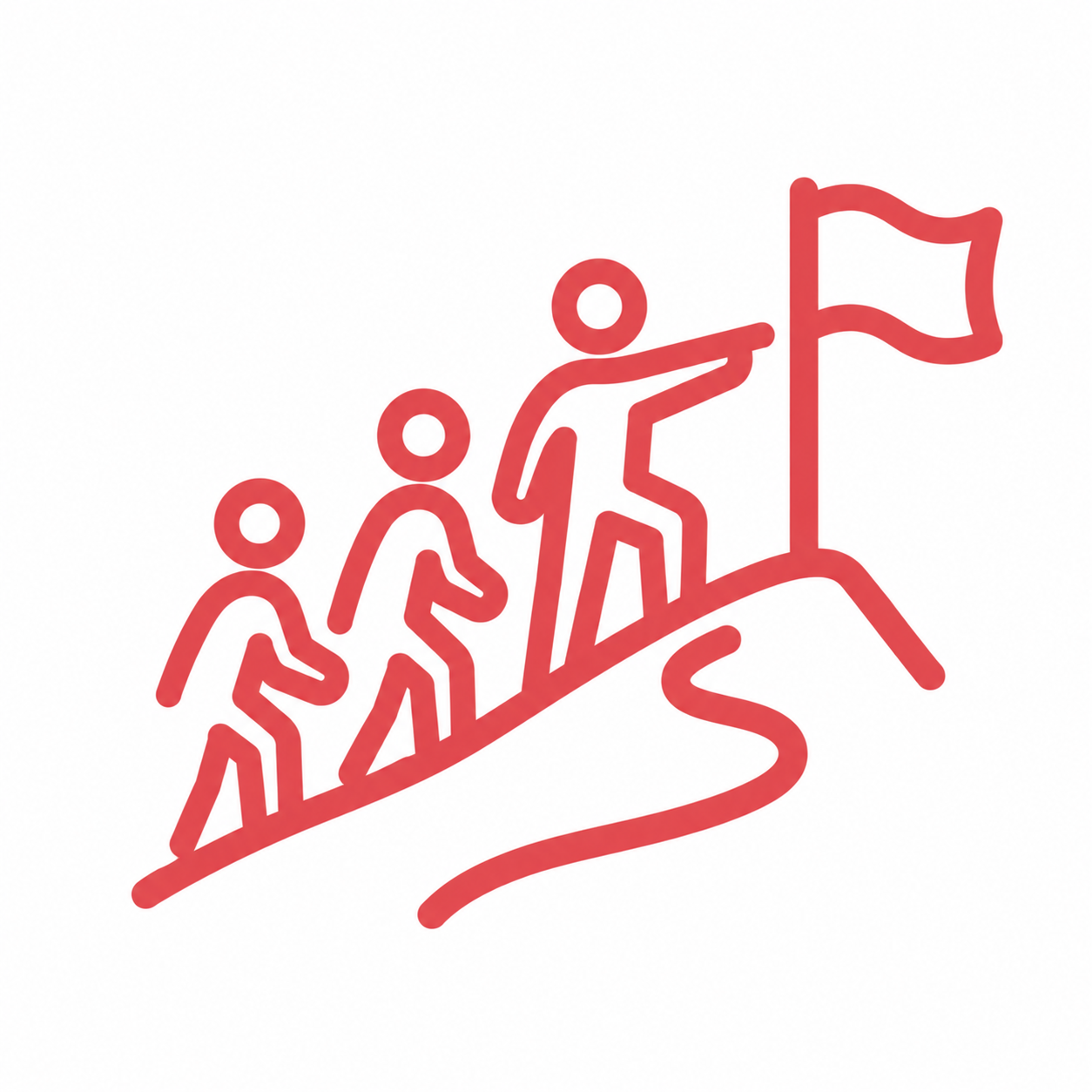 Coral line icon of a leader guiding people toward a flag, representing leaders navigating change
