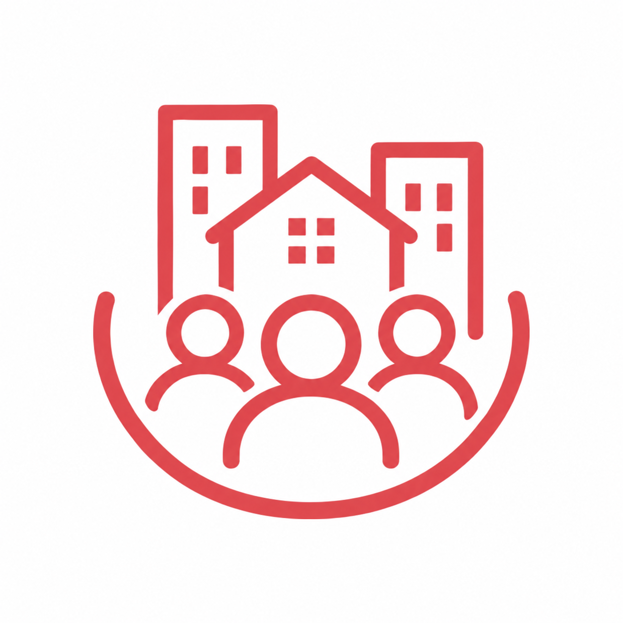 Coral line icon of people with homes and buildings, representing community based organizations