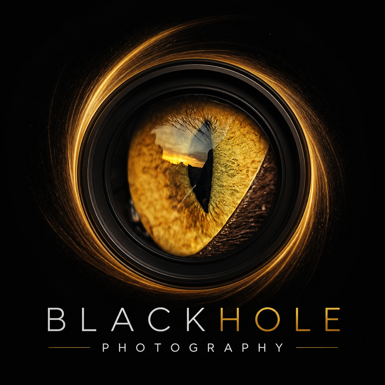 Close-up of an eye with a reflection of a sunset landscape, surrounded by a black background with a glowing golden ring. Text reads "Black Hole Photography."