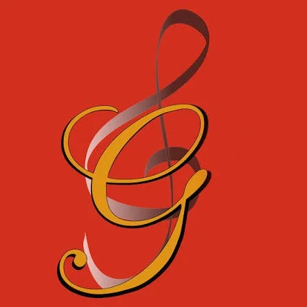 Stylized golden treble clef musical symbol on a red background.