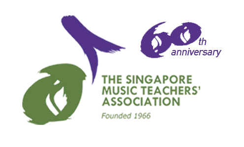 Logo of the Singapore Music Teachers' Association featuring a musical note with a leaf and a circular shape, with text in green and purple.