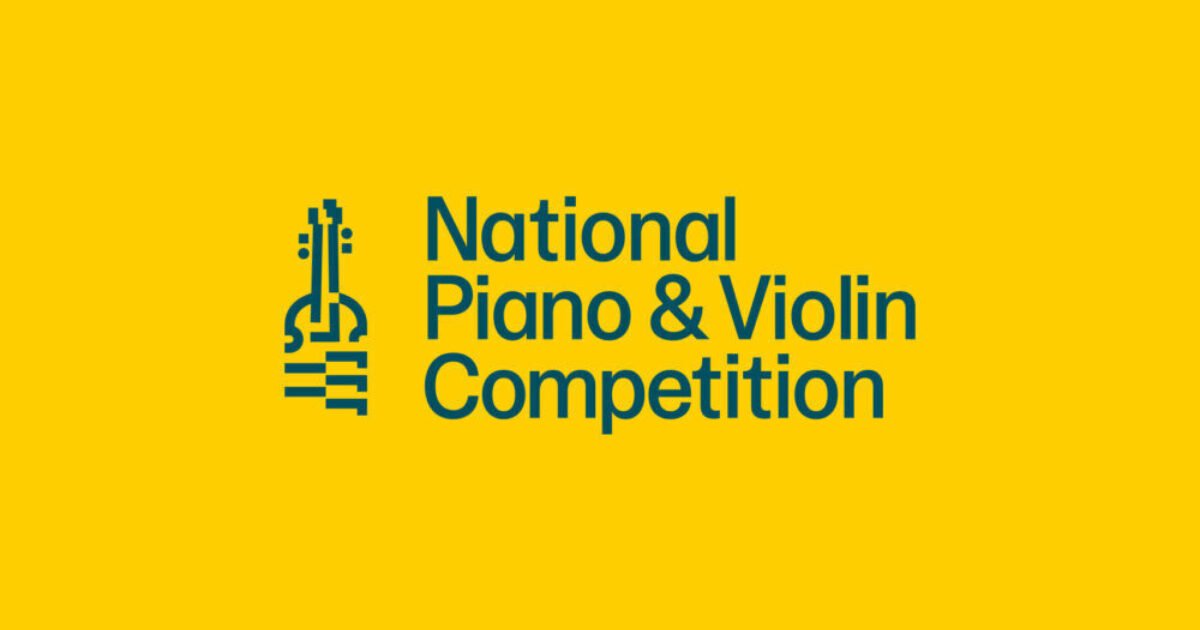 Yellow background with blue text and a logo that includes a stylized piano and violin, reading 'National Piano & Violin Competition'.