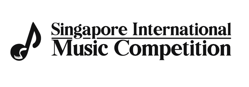 Logo for the Singapore International Music Competition featuring a stylized musical note on the left and the competition name in black text on the right.