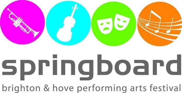 Logo for Springboard Brighton & Hove Performing Arts Festival featuring icons of a trumpet, violin, theater masks, and musical notes.