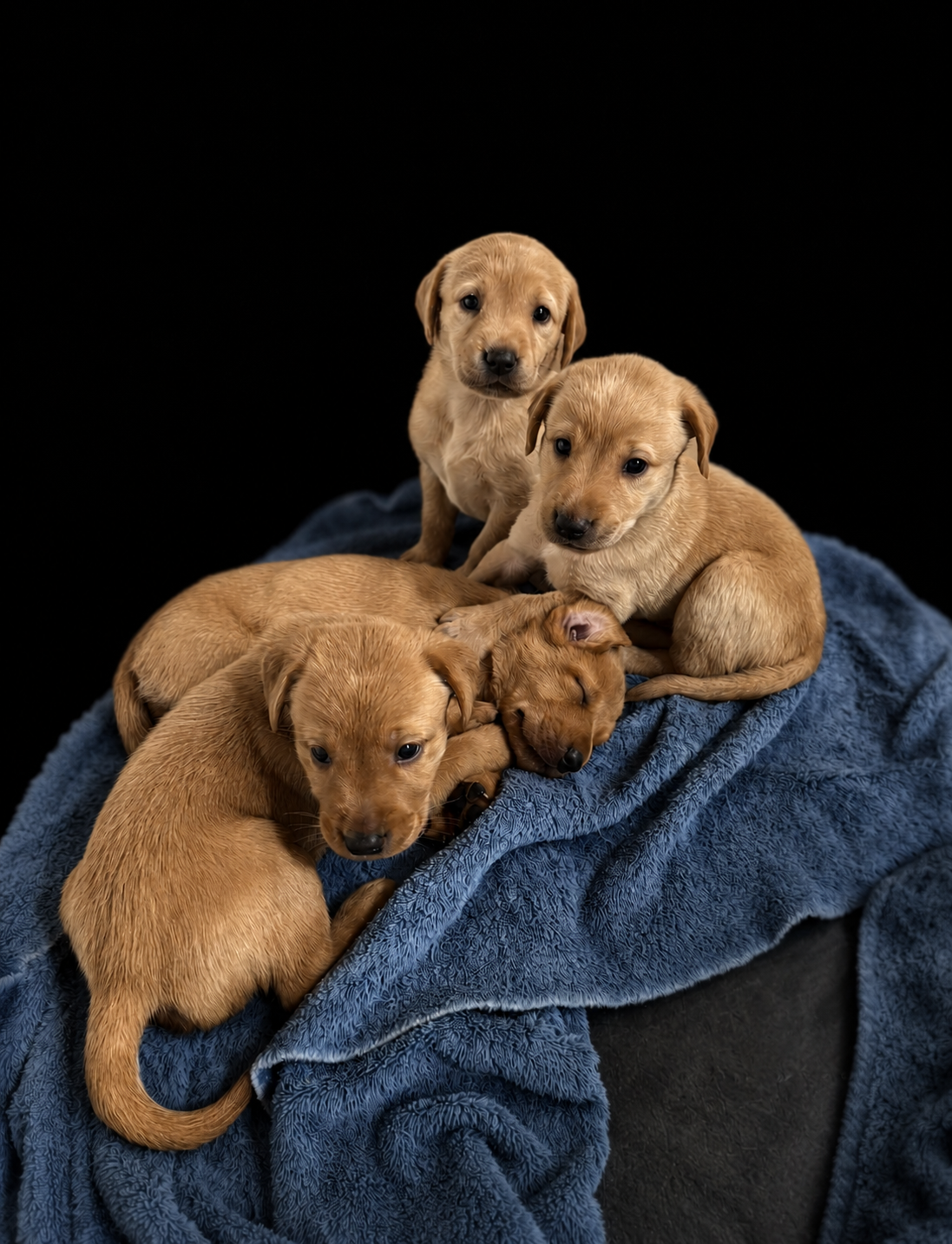 Five young, yellow Labrador Retriever puppies on a blue blanket against a black background.