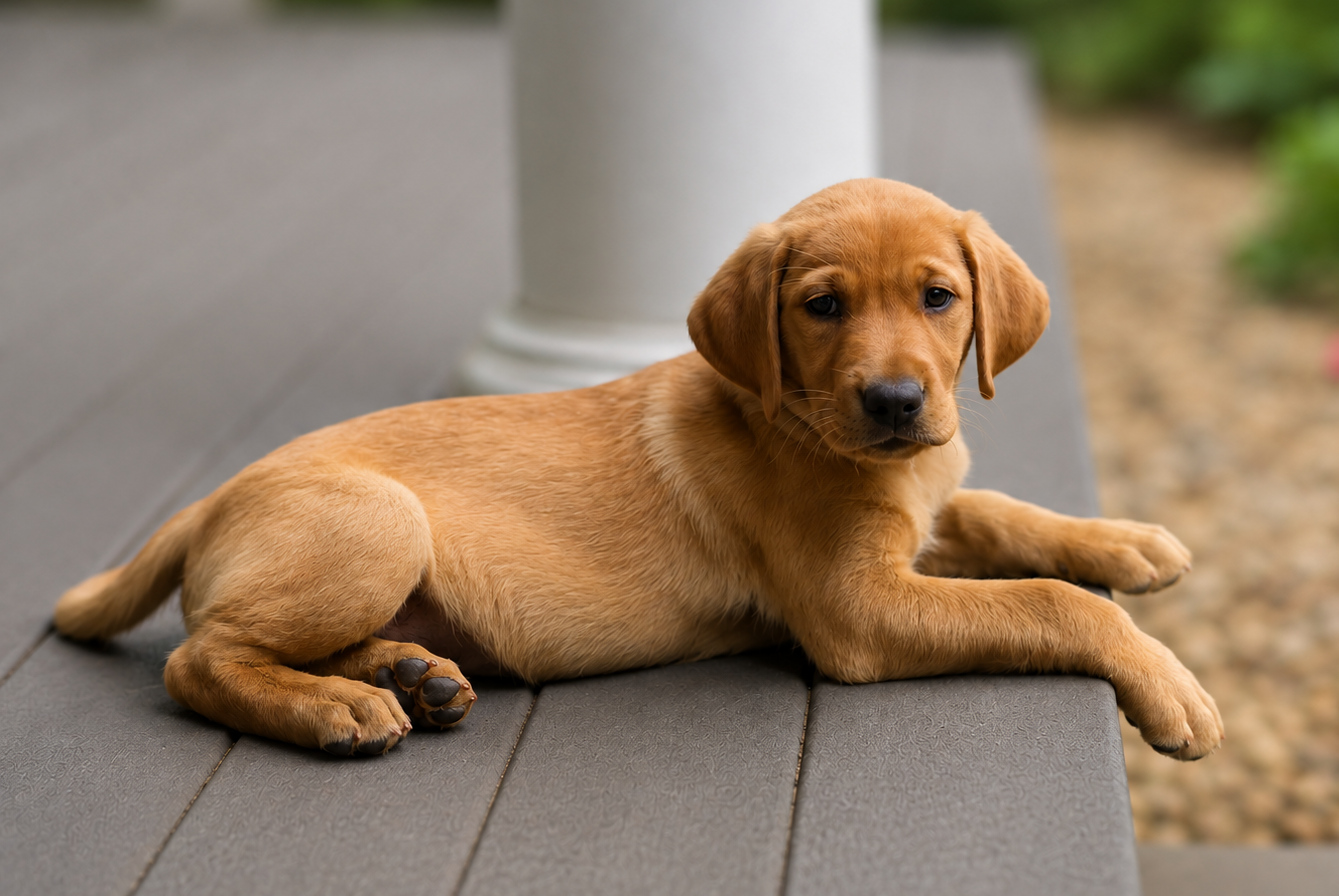 A cute yellow Labrador Retriever puppy lying on a gray outdoor bench with a blurred garden background.