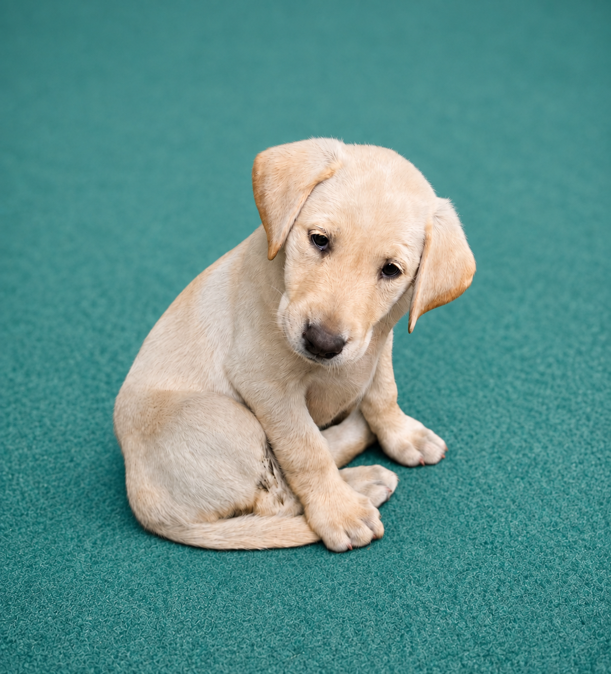Adorable yellow Labrador Retriever puppy sitting on green textured surface, looking at the camera with head tilted.