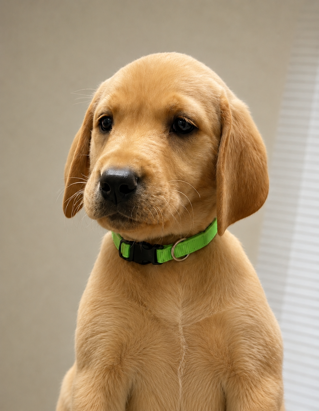 Close-up of a young yellow Labrador Retriever puppy with floppy ears and black eyes, wearing a green collar, sitting indoors with blurred background.