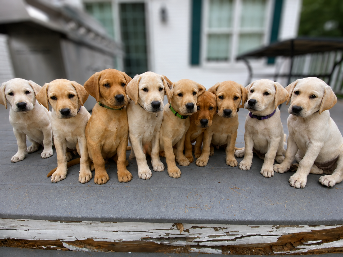 A group of ten yellow Labrador Retriever puppies sitting on a porch.