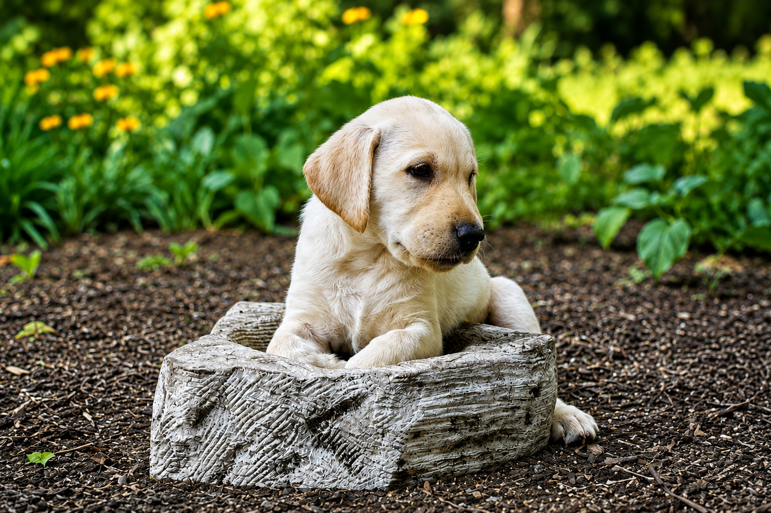 A Labrador Retriever puppy sitting in a decorative ceramic bowl on dirt, with green plants and yellow flowers in the background.