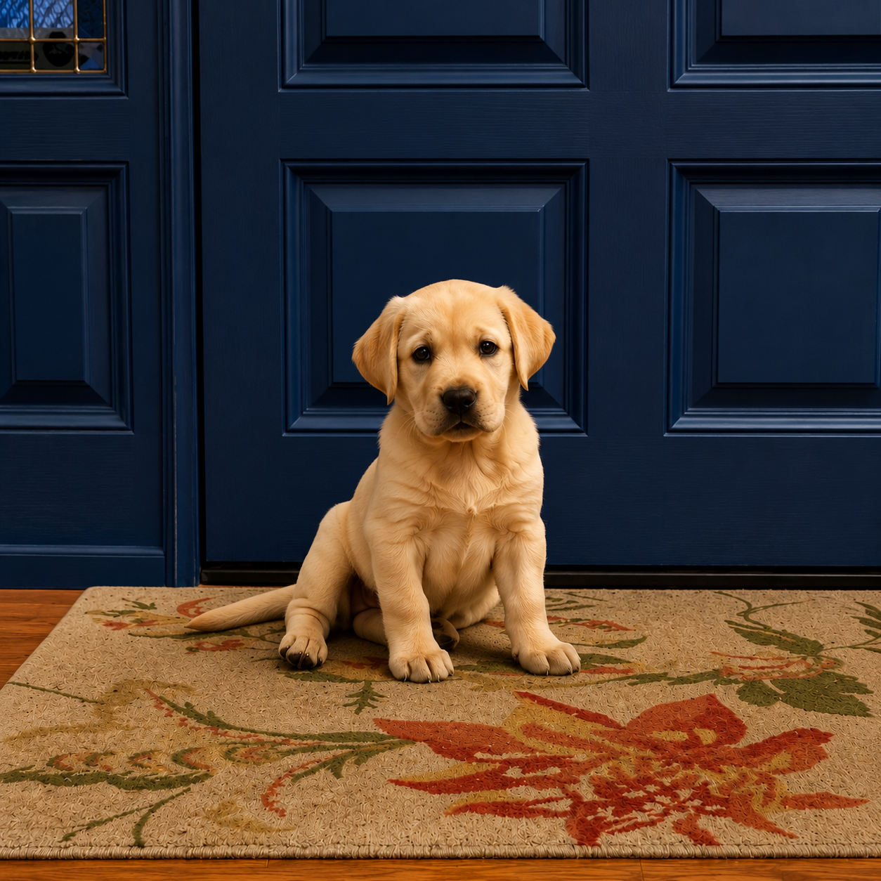 A young yellow Labrador Retriever puppy sitting on a floral rug in front of blue paneled double doors.