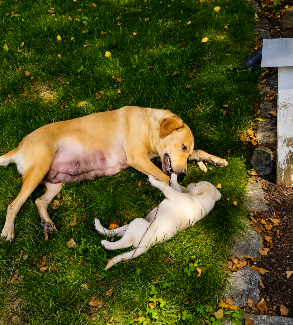 A yellow adult female Labrador Retriever named Addison lying on green grass, playing with a small yellow Labrador Retriever puppy on its back.