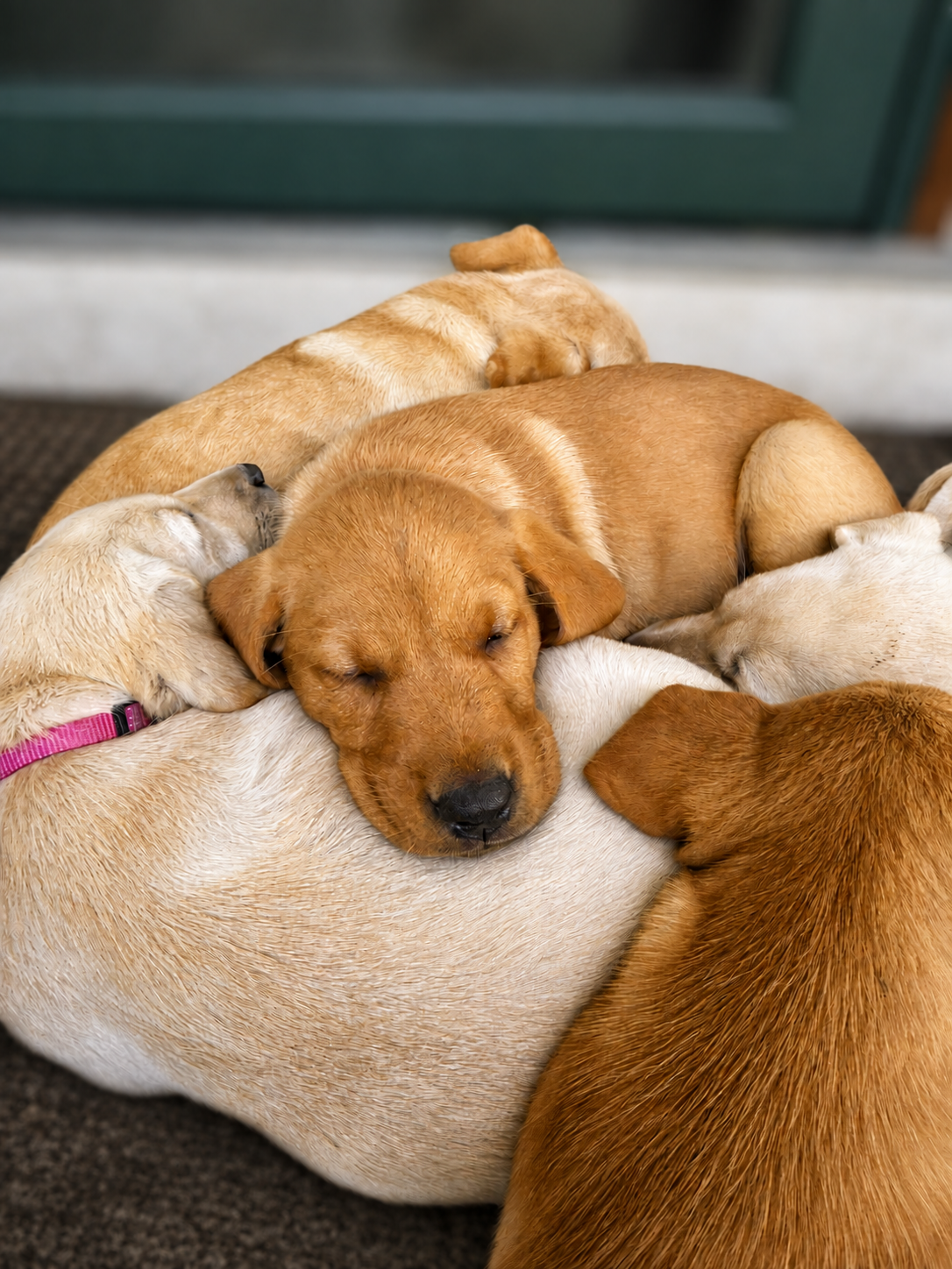 Multiple yellow Labrador Retriever puppies cuddling together, with one puppy resting its head on another.