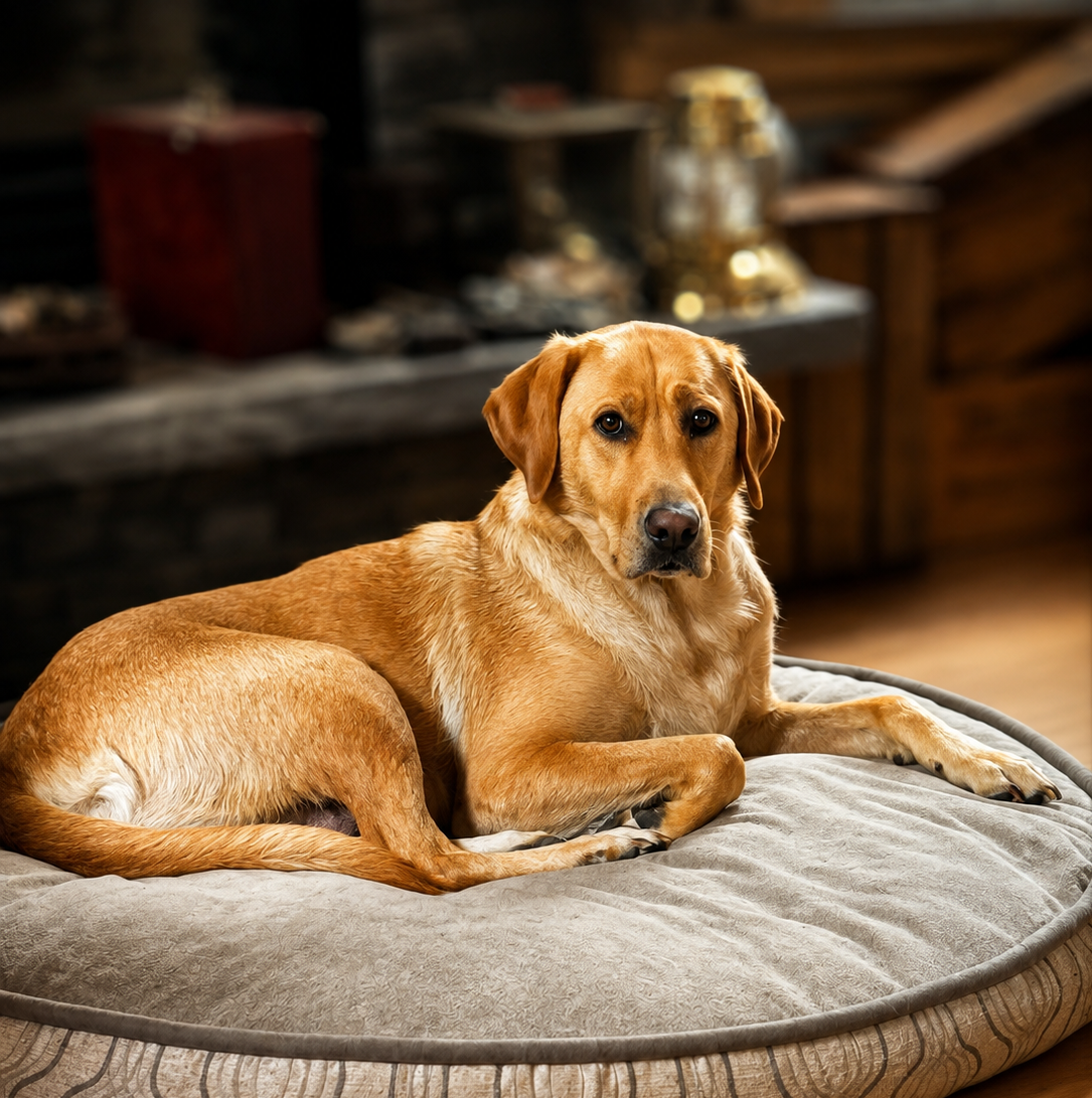 An adult female yellow Labrador Retriever named Addison lying on a gray dog bed inside a cozy room with wooden walls and decorative items in the background.