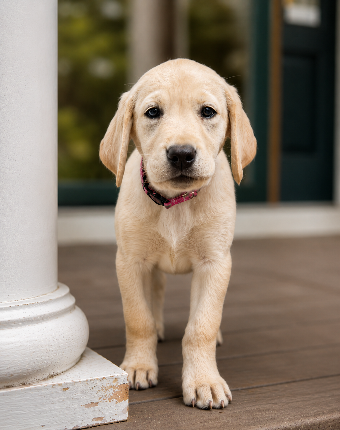 A cute yellow Labrador Retriever puppy standing on a wooden porch, looking directly at the camera.