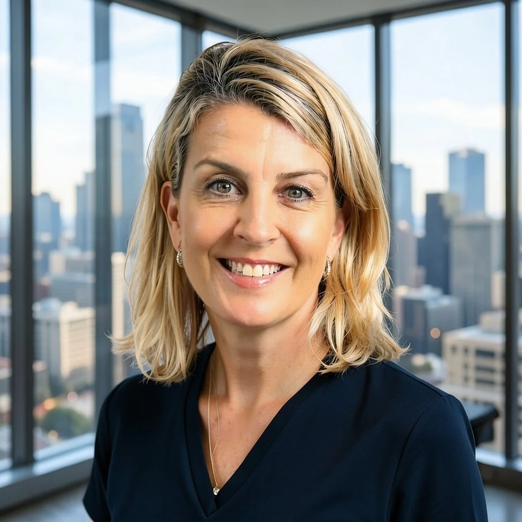 Portrait of a smiling woman with blonde hair, wearing a dark top, in an office with large windows overlooking a city skyline.