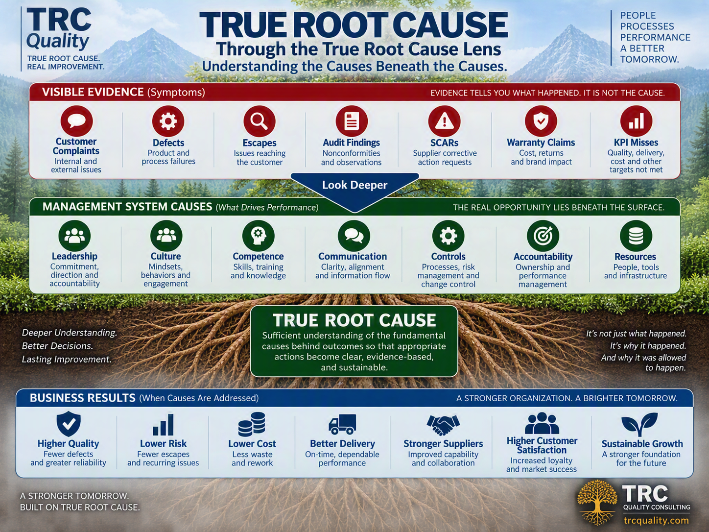 True Root Cause infographic connecting visible quality problems to underlying management system causes and sustainable business results.