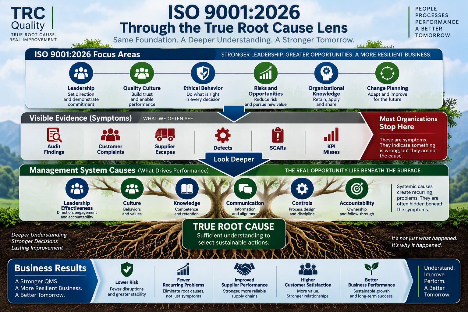 ISO 9001:2026 through the True Root Cause lens, connecting visible quality symptoms, management system causes, and business results.