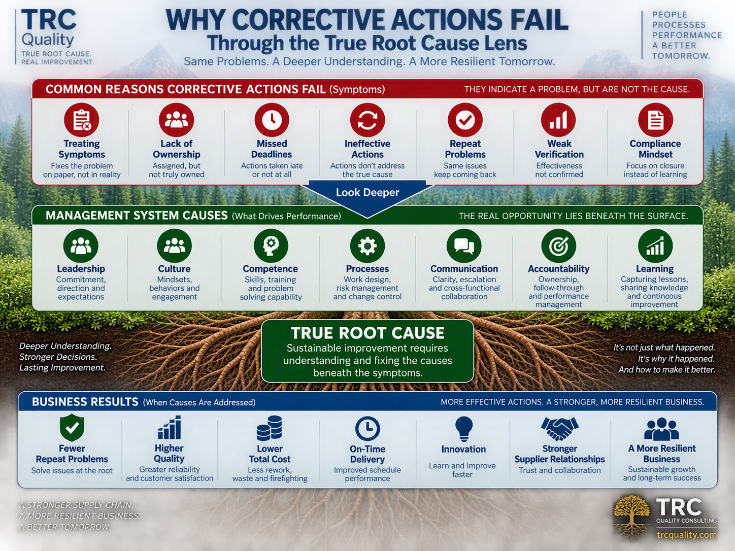 Why Corrective Action Fails infographic connecting visible symptoms, management system causes, True Root Cause analysis, and sustainable business results.