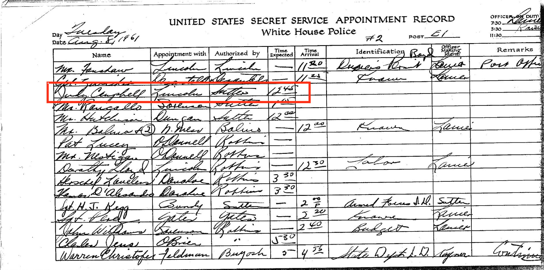 White House police records showing Judith’s entrance to the White House on August 8, 1961.