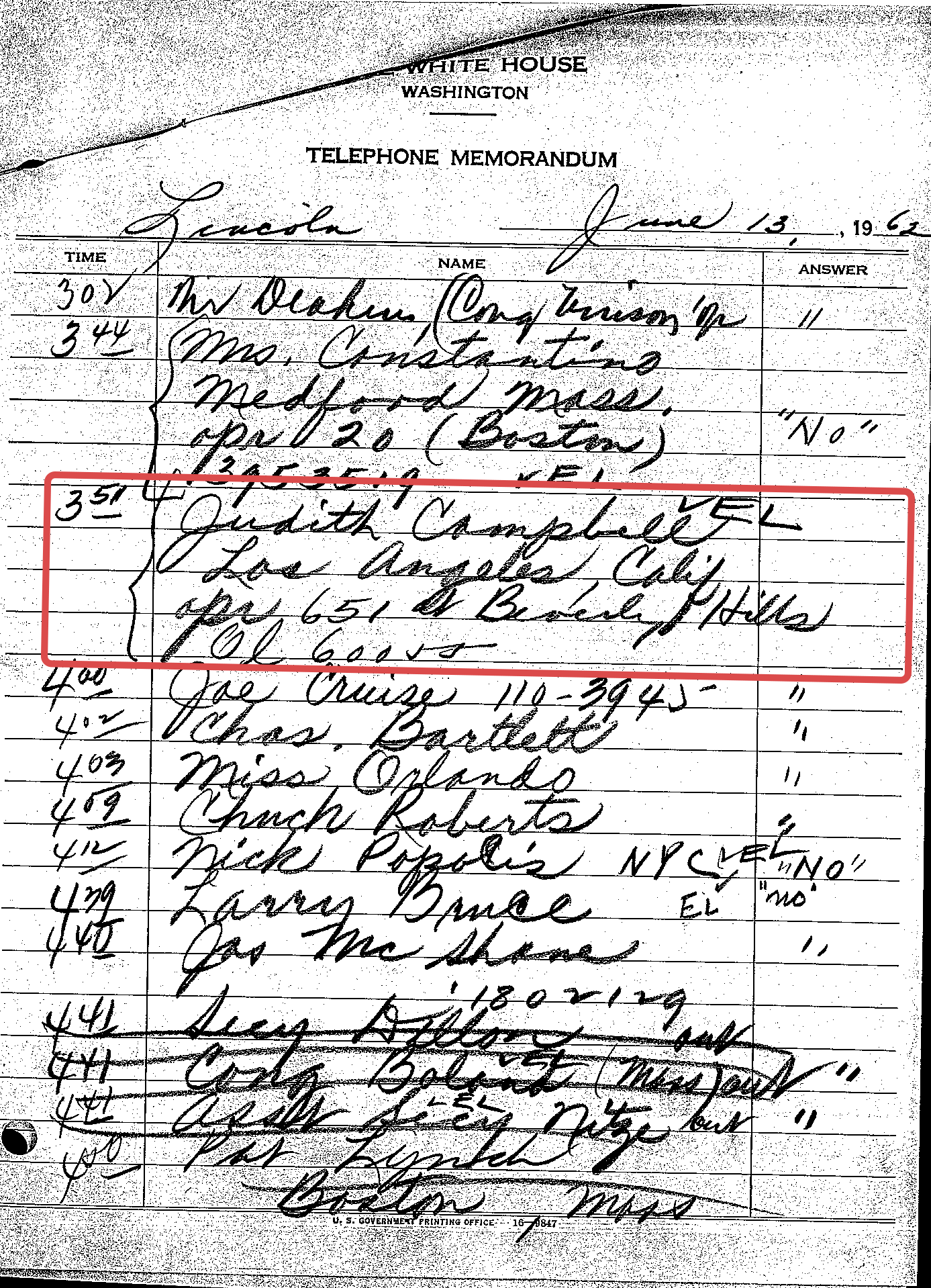 This June 13, 1962, call shows Judith stayed in touch with JFK, even after his meeting with Hoover on March 22, 1962.