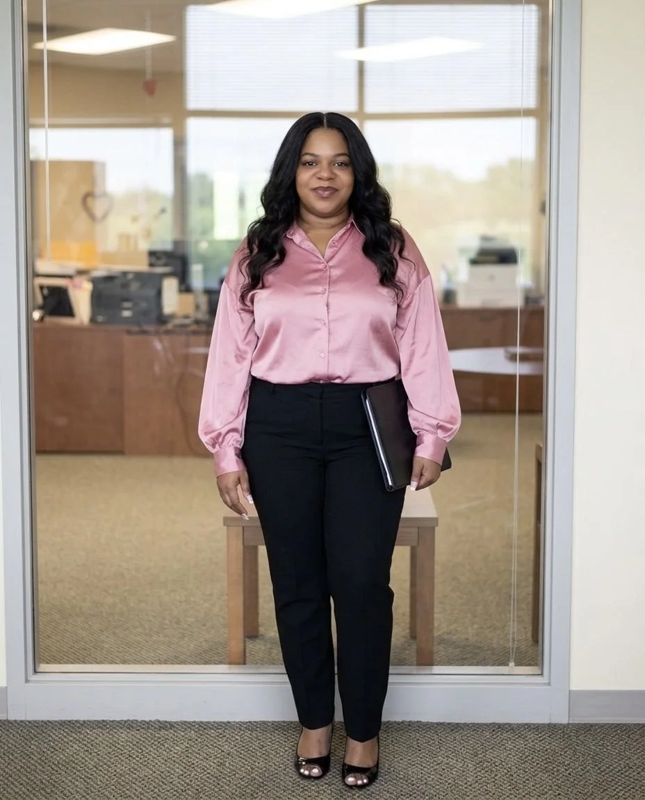 A woman with long black hair, wearing a pink satin blouse, black pants, and black high heels, standing inside an office behind a glass door, holding a laptop.
