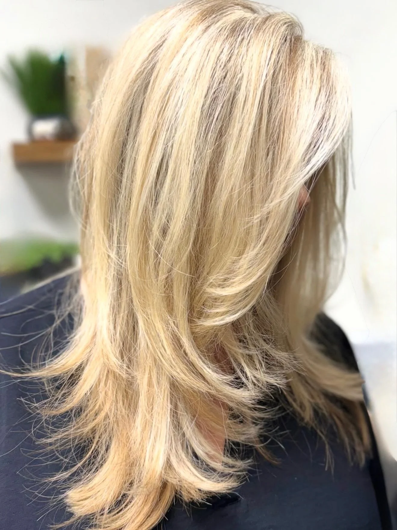 Blonde woman with shoulder-length, wavy hair wearing a dark top, sitting indoors with a blurred background including a plant and shelf.