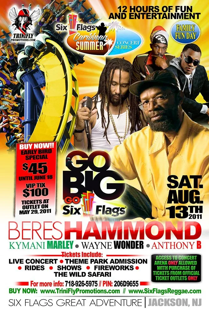Official promotional flyer for the August 13, 2011 Six Flags Caribbean Summer Concert Series, advertising Beres Hammond, Ky-Mani Marley, Wayne Wonder and Anthony B.