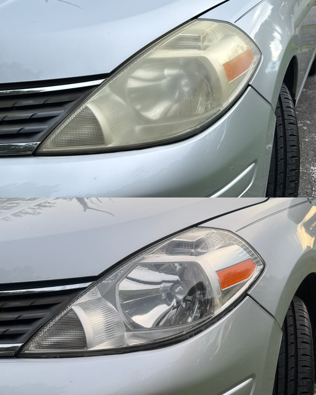 Comparison of a car's headlight before and after cleaning, showing the headlight in the top image as cloudy and foggy, and in the bottom image as clear and restored.