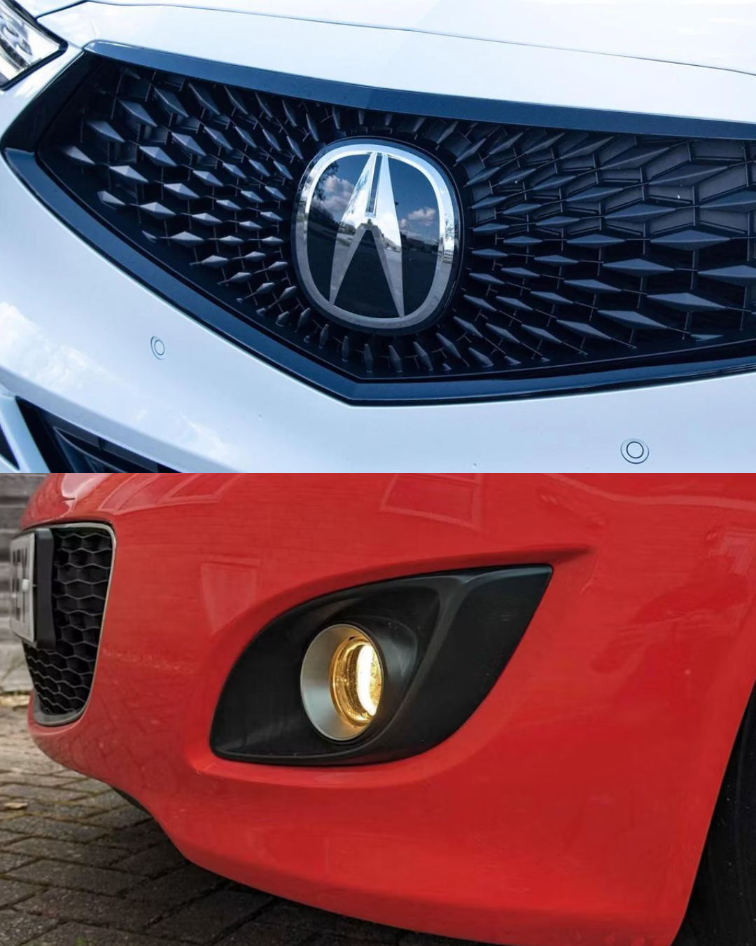 Close-up of the front grille and emblem of an Acura vehicle in white, and the front bumper and fog light of a red Mazda vehicle.