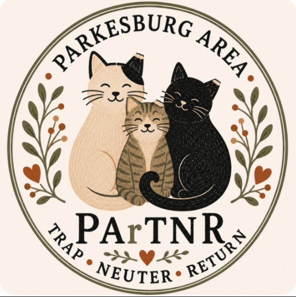 Illustration of three happy cats of different colors and patterns inside a circular emblem with the text 'Parkesburg Area Trap Neuter Return' and decorative elements like leaves and hearts.