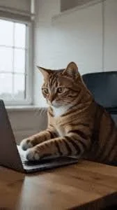 A tabby cat sitting at a wooden table, using a laptop in a room with white walls and a window.