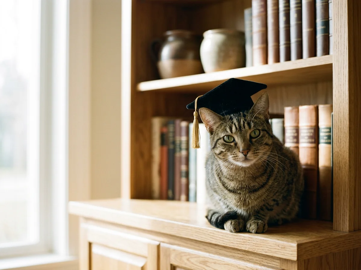 A tabby cat wearing a small graduation cap sitting on a wooden bookshelf near a window with curtains and books.