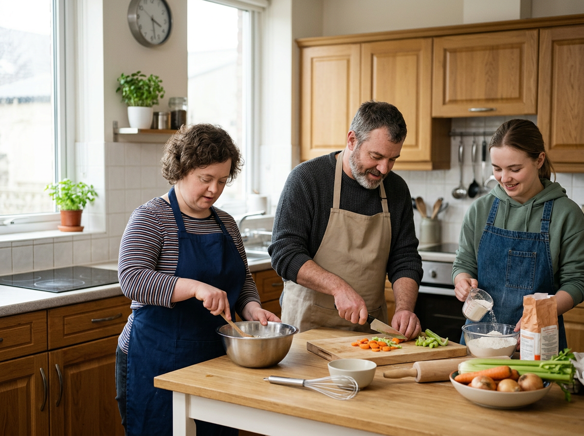 A family of three, including an older man and two young women, cooking together in a bright kitchen. The man is chopping carrots on a cutting board, while one of the young women stirs ingredients in a bowl and the other measures flour. The kitchen has wooden cabinets, a window with sunlight, and a bowl of vegetables on the counter.