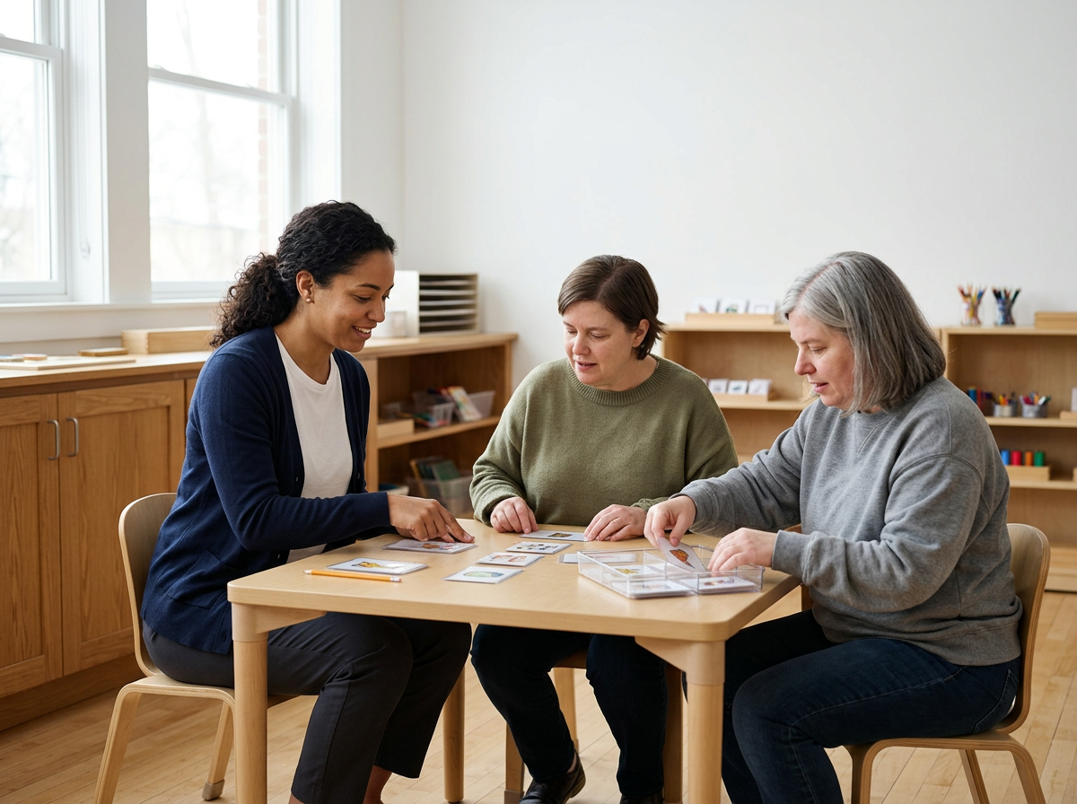 Three women playing with educational cards at a wooden table in a well-lit classroom.