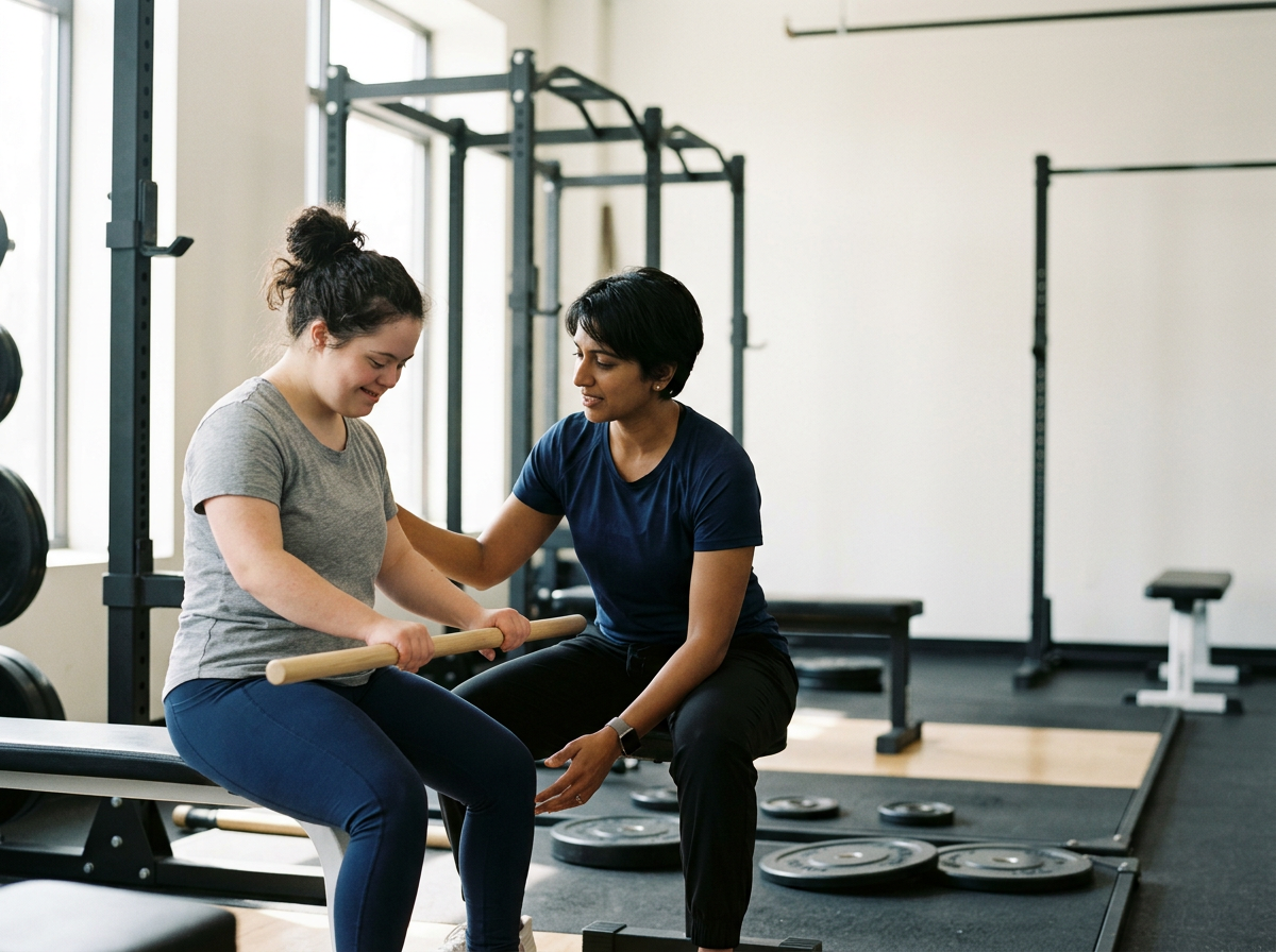 A woman assisting a young girl with a barbell exercise at a gym.