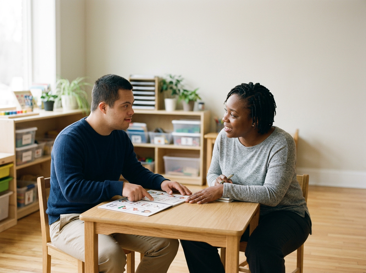 A young man and an older woman sitting at a wooden table in a classroom, engaged in a conversation with educational materials.
