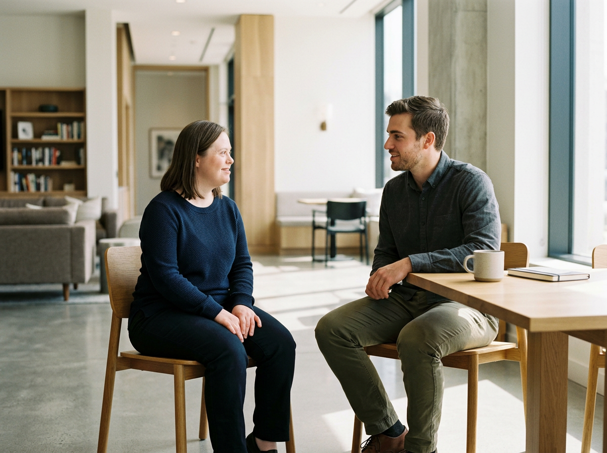 A woman and a man having a conversation in a bright, modern room with large windows, a wooden table, and contemporary furniture.