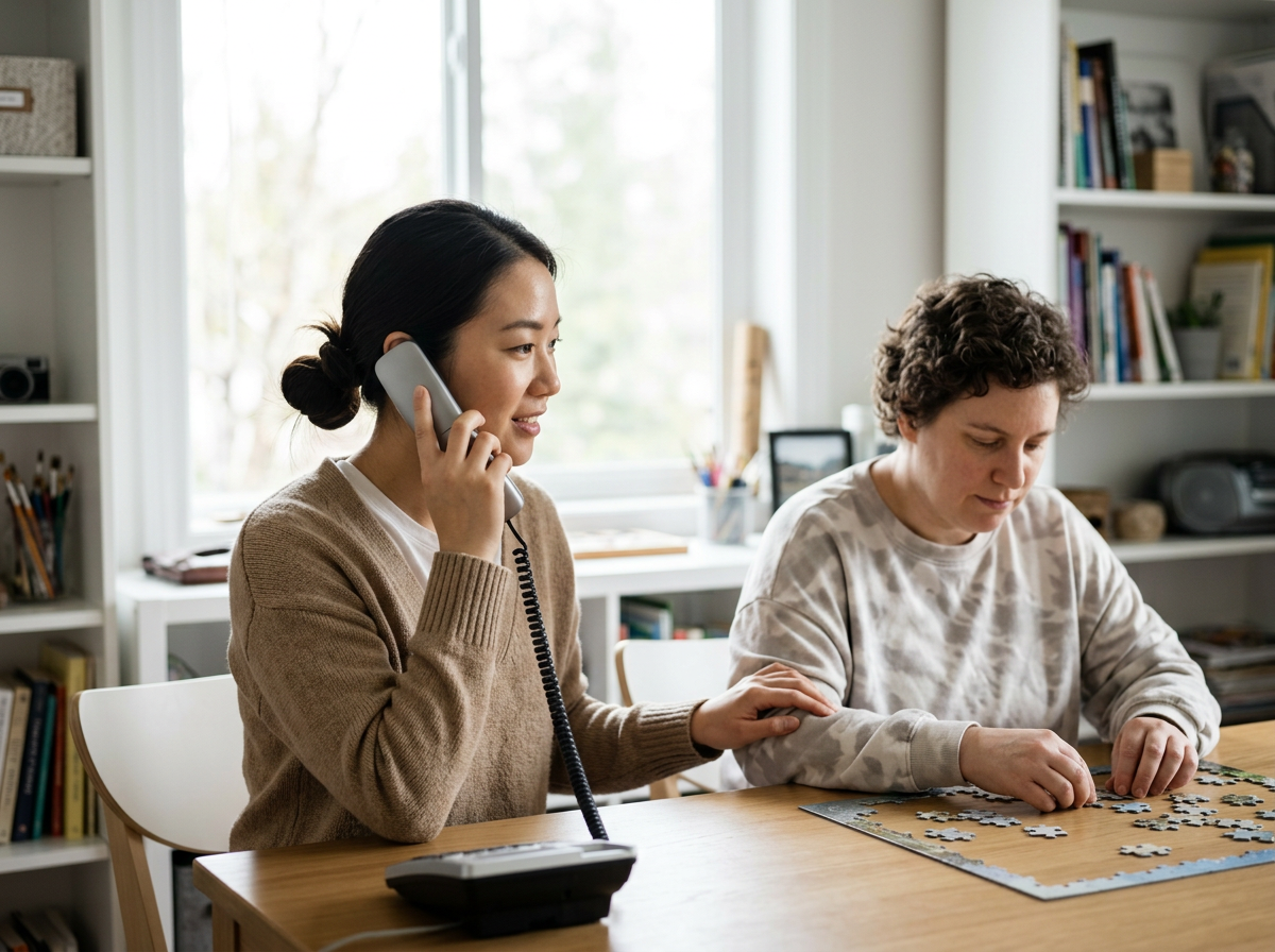 Two women working together at a table with a puzzle and one woman talking on a landline phone.